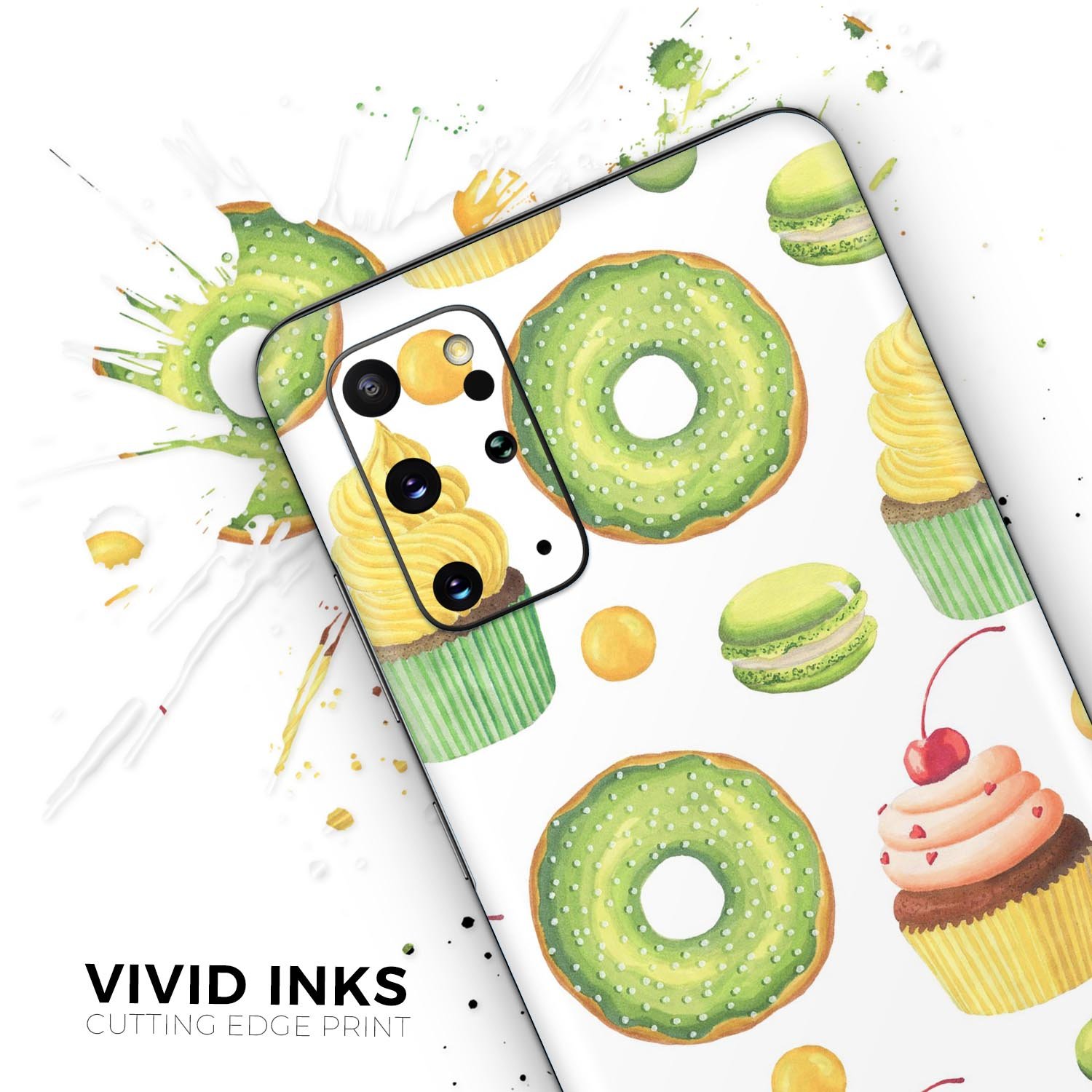 Yummy Galore Bakery Green Treats V1 Skin-Kit for Samsung Galaxy S20, showcasing vibrant design and premium vinyl material.