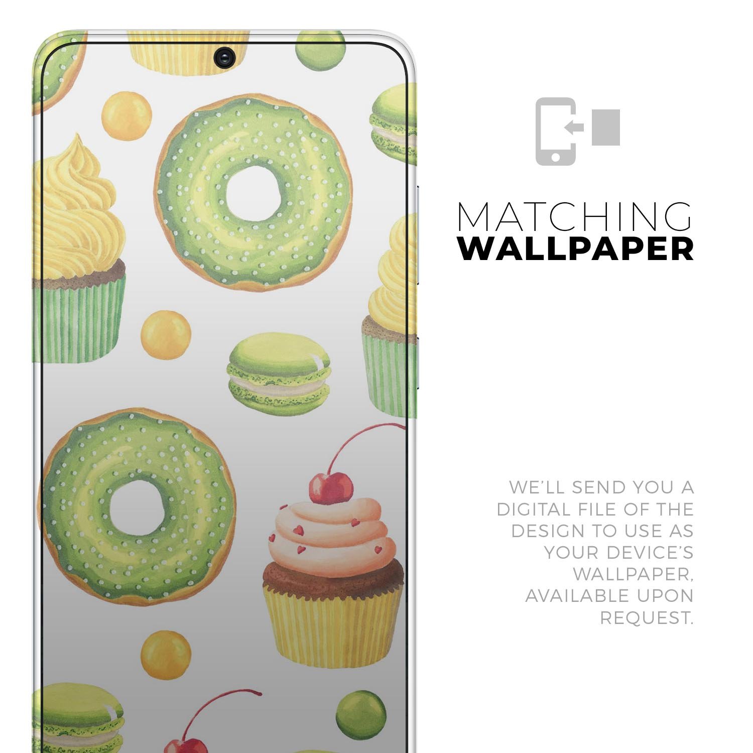 Yummy Galore Bakery Green Treats V1 Skin-Kit for Samsung Galaxy S20, showcasing vibrant design and premium vinyl material.