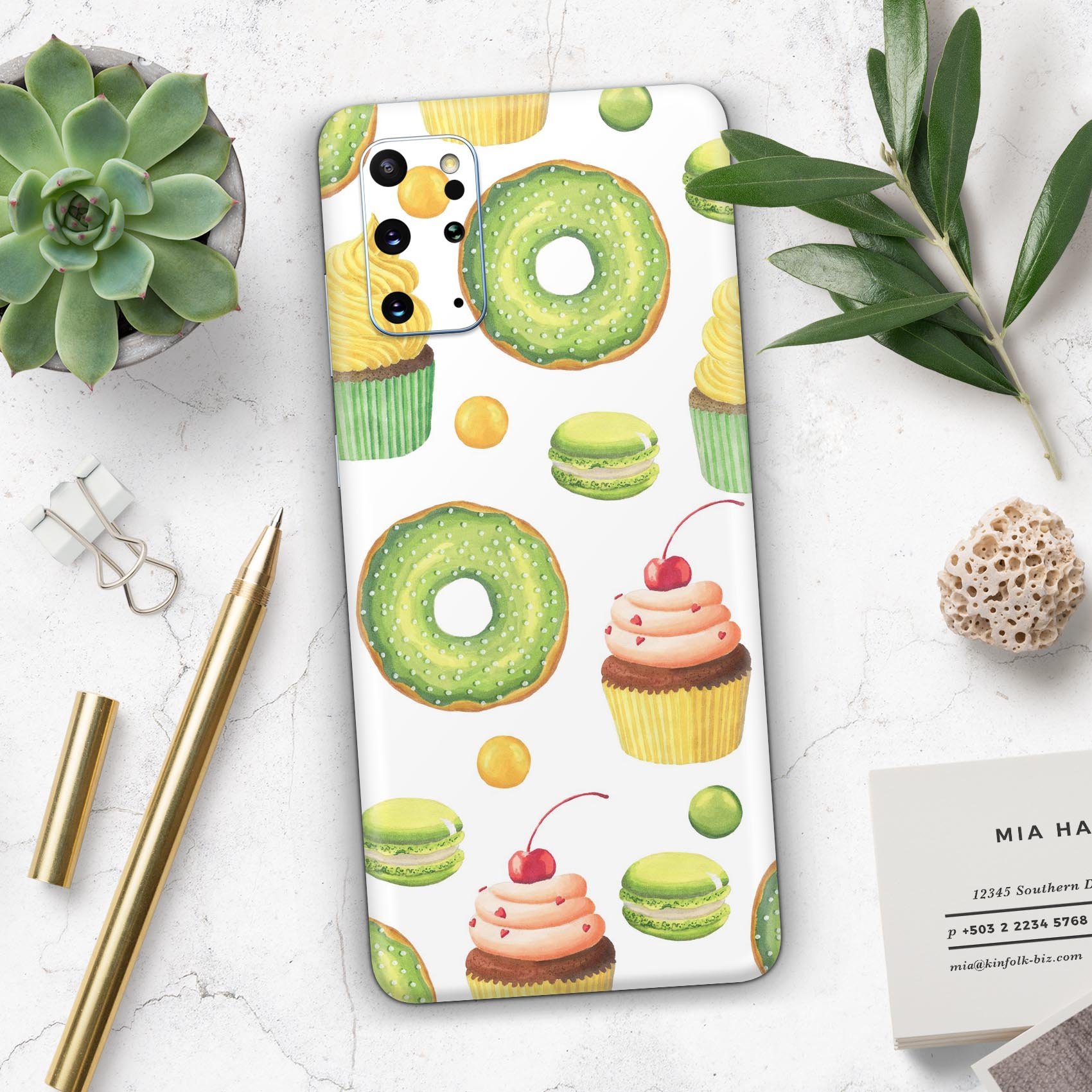 Yummy Galore Bakery Green Treats V1 Skin-Kit for Samsung Galaxy S20, showcasing vibrant design and premium vinyl material.