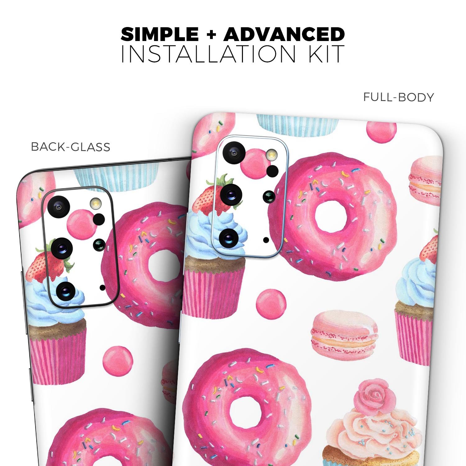 Yummy Galore Bakery Treats Skin-Kit for Samsung Galaxy S-Series, showcasing vibrant designs and premium vinyl material.