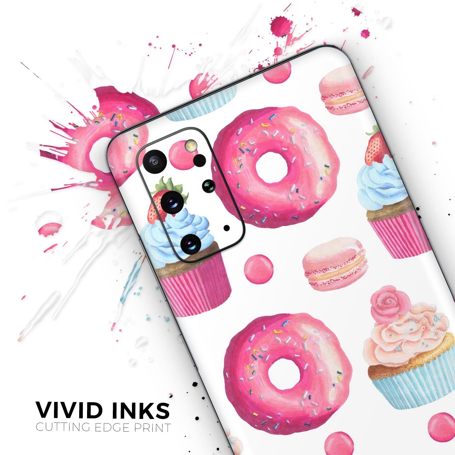 Yummy Galore Bakery Treats Skin-Kit for Samsung Galaxy S-Series, showcasing vibrant designs and premium vinyl material.