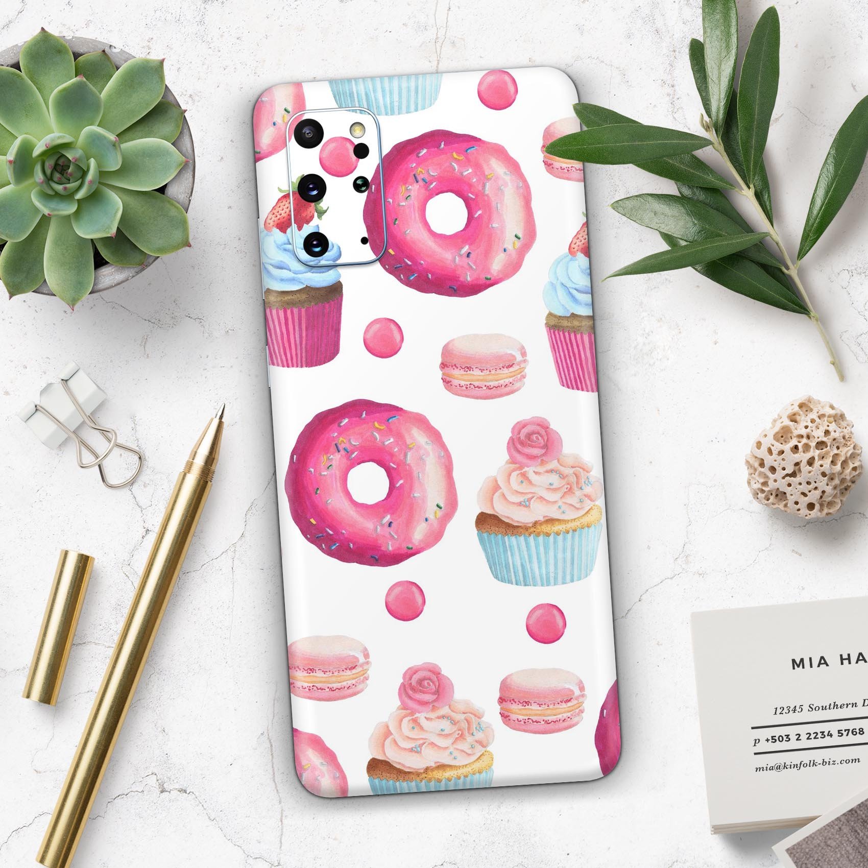 Yummy Galore Bakery Treats Skin-Kit for Samsung Galaxy S-Series, showcasing vibrant designs and premium vinyl material.