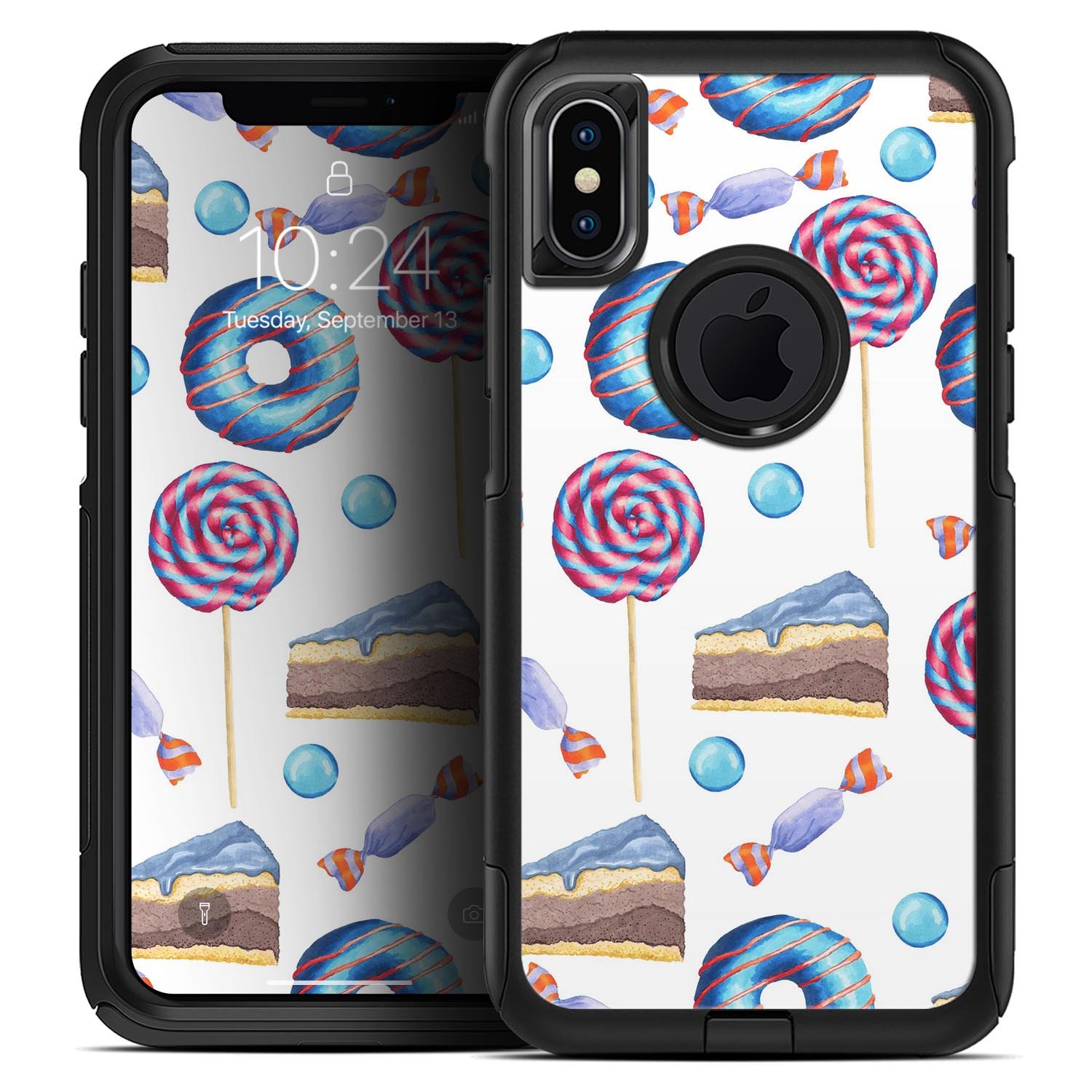 Yummy Galore Bakery Treats Skin Kit for iPhone OtterBox cases featuring colorful bakery-themed designs.