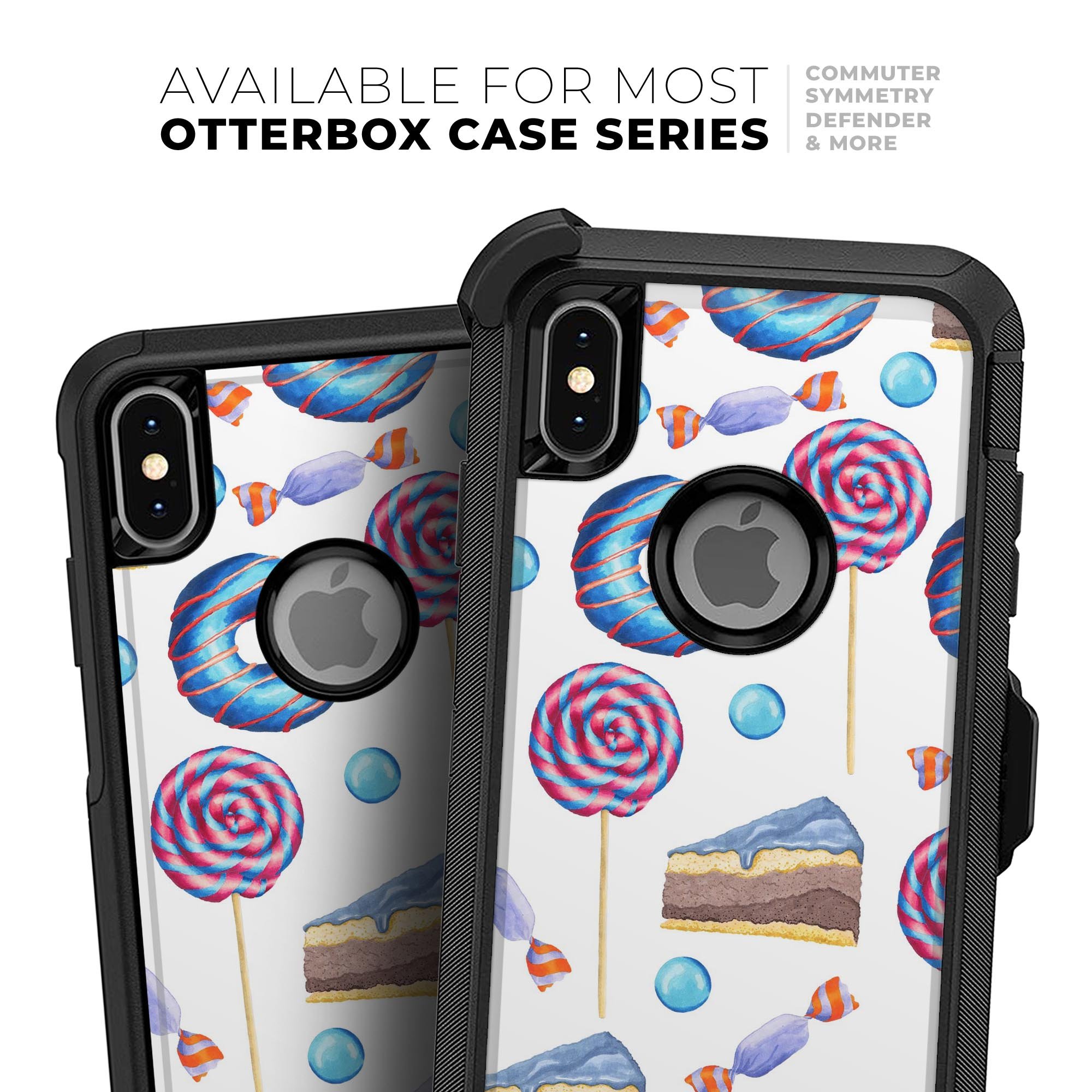 Yummy Galore Bakery Treats Skin Kit for iPhone OtterBox cases featuring colorful bakery-themed designs.