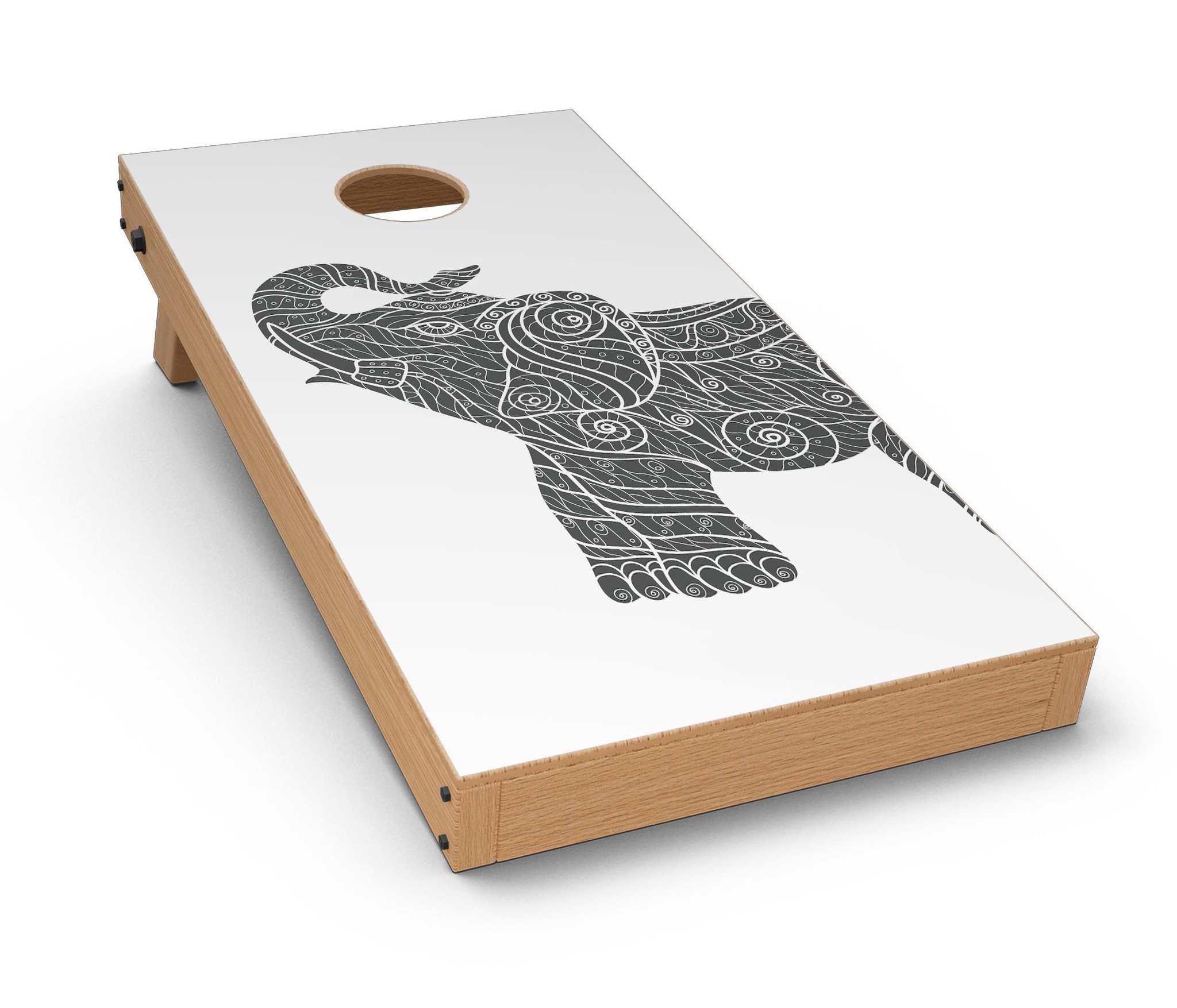 Zendoodle Elephant CornHole Board Skin Decal Kit featuring vibrant elephant design, perfect for customizing Cornhole boards.