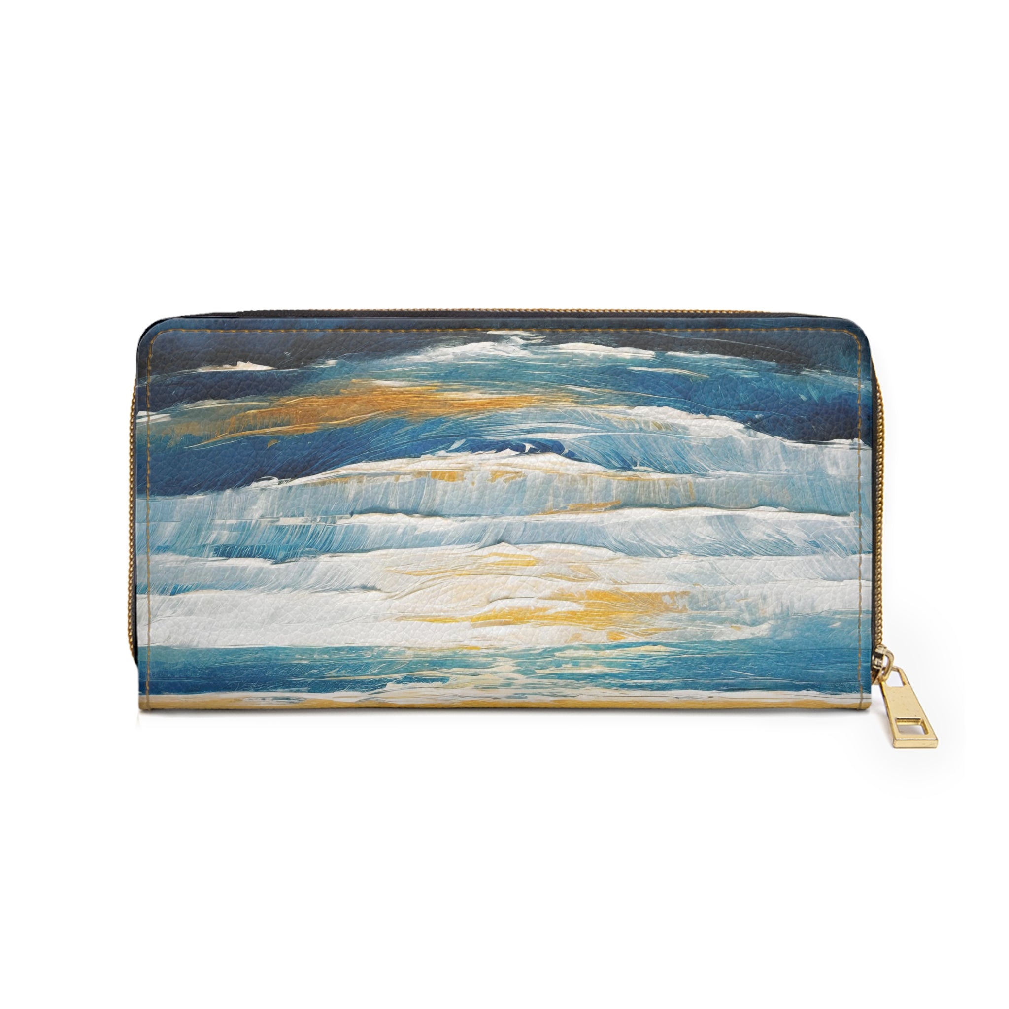 Zipper Wallet featuring a Blue Ocean Golden Sunset Print, showcasing its stylish design and functional features.