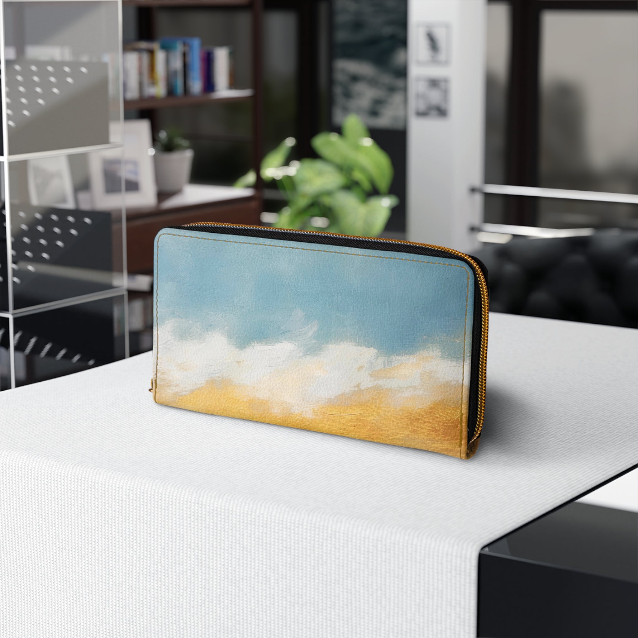 Zipper Wallet featuring a Blue Ocean Golden Sunset Print, showcasing its stylish design and functional features.