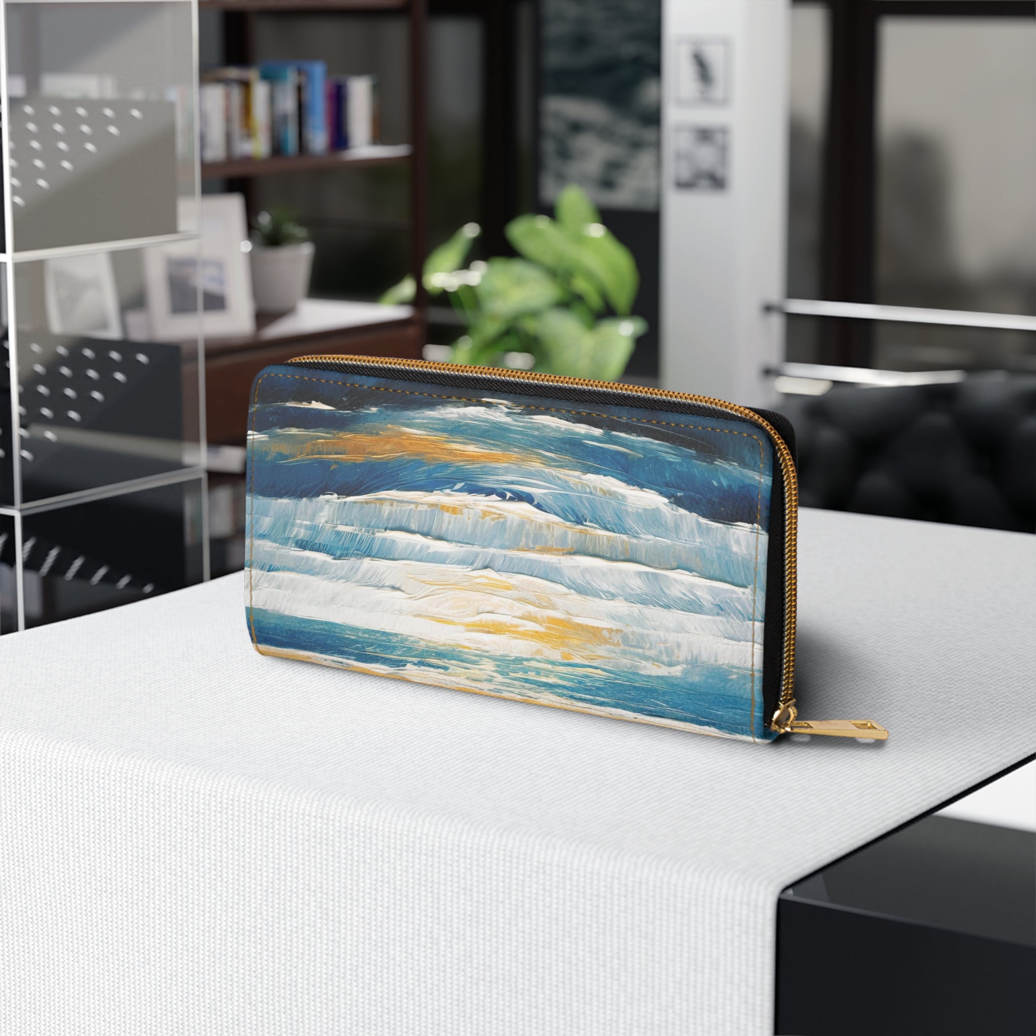 Zipper Wallet featuring a Blue Ocean Golden Sunset Print, showcasing its stylish design and functional features.