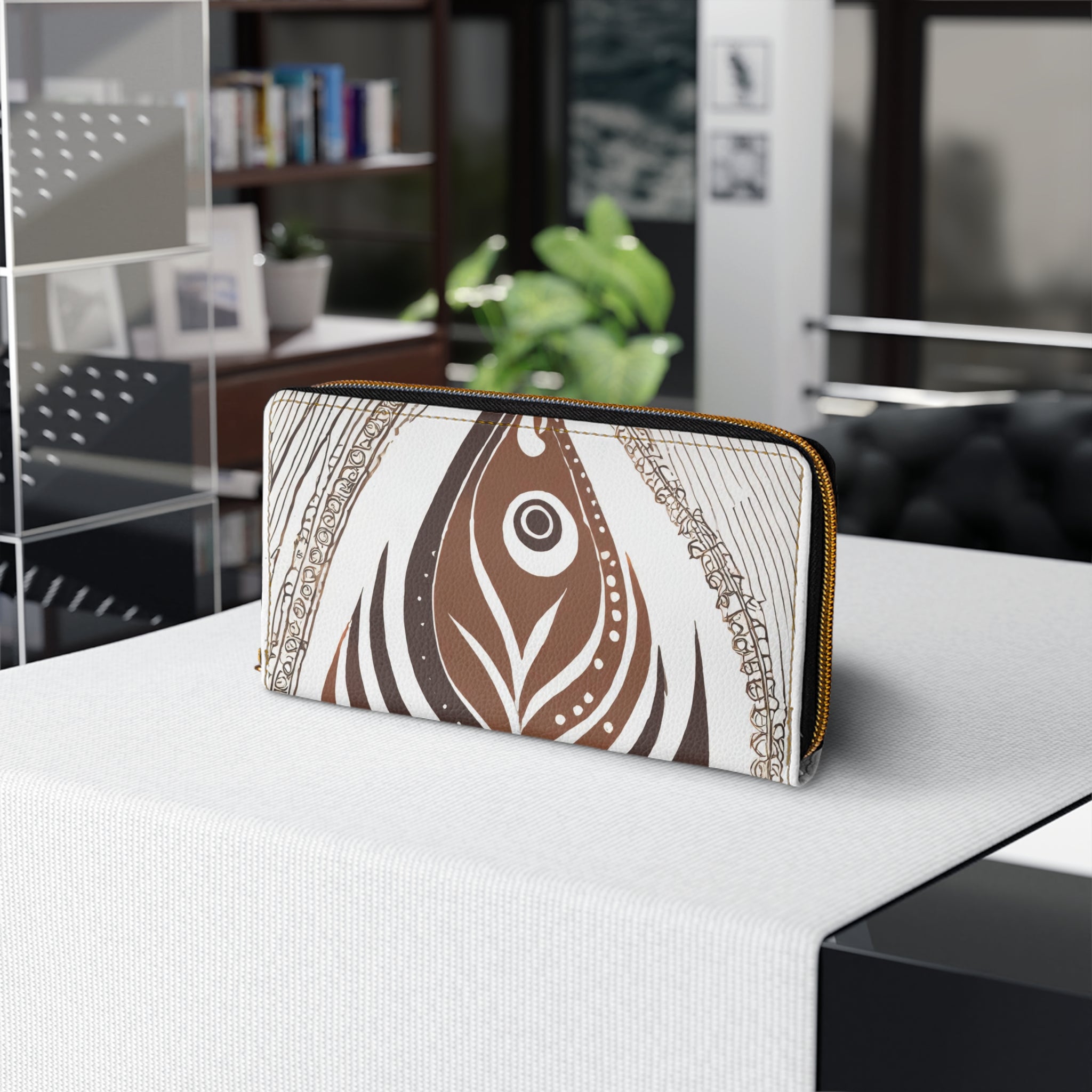 Zipper Wallet featuring Floral Brown Line Art Print, showcasing its stylish design and functional features.