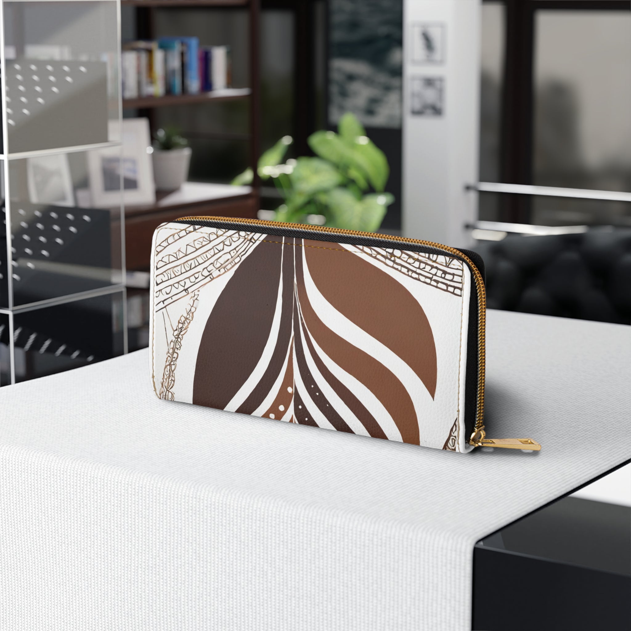 Zipper Wallet featuring Floral Brown Line Art Print, showcasing its stylish design and functional features.