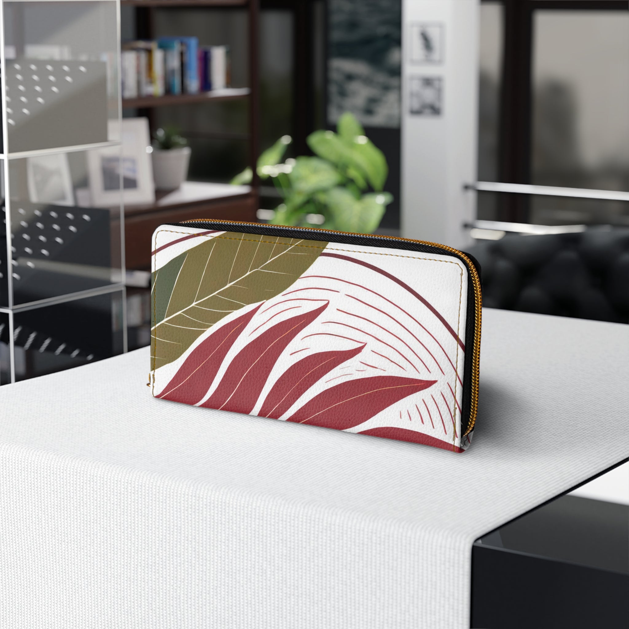 Stylish Zipper Wallet featuring Floral Line Art Print, made from durable faux leather with a secure zipper.