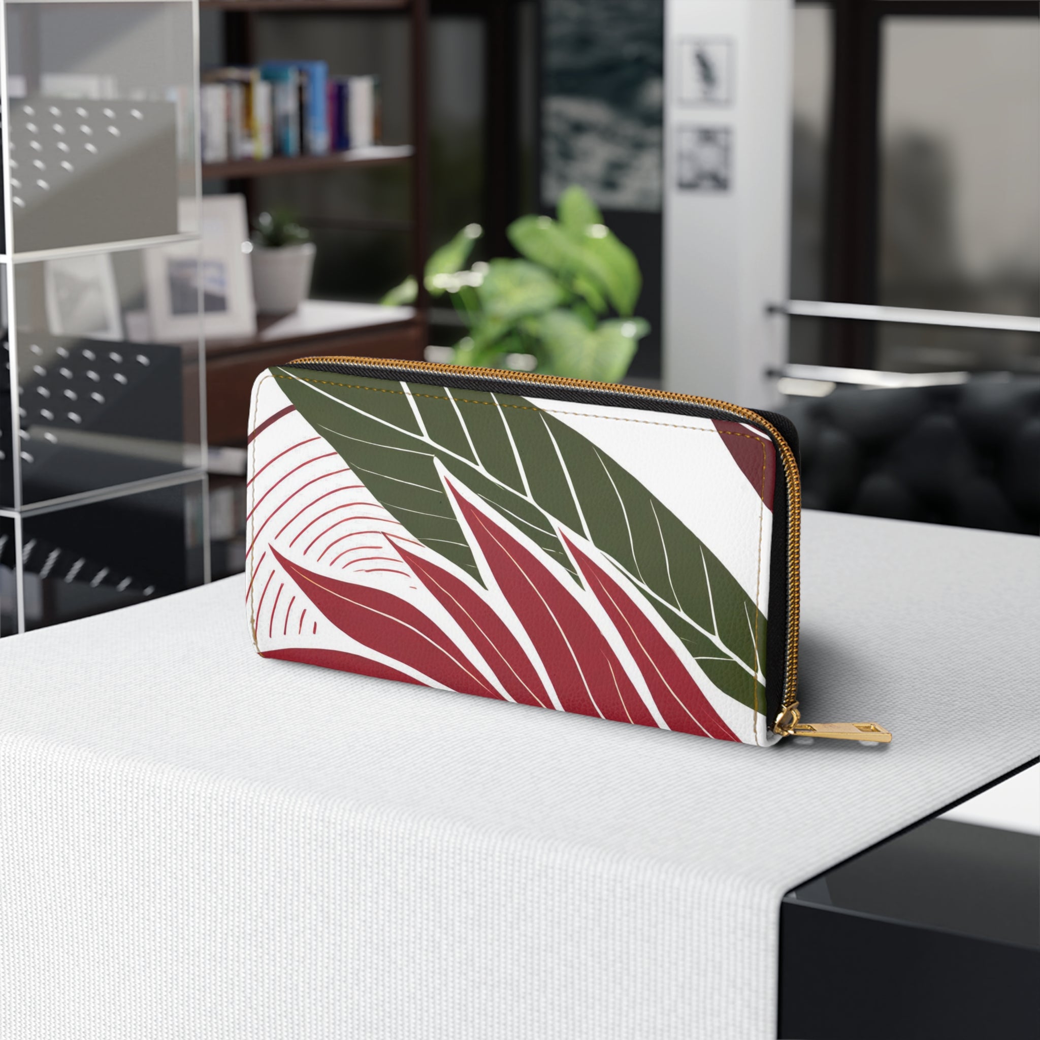 Stylish Zipper Wallet featuring Floral Line Art Print, made from durable faux leather with a secure zipper.