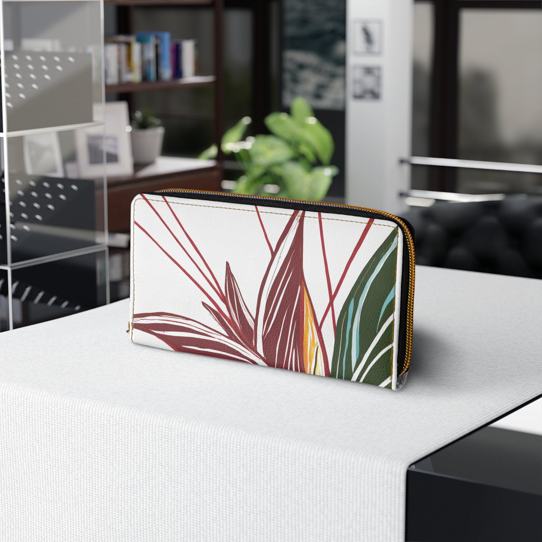 Stylish Zipper Wallet featuring Floral Line Art Print, showcasing its faux leather material and zipper closure.