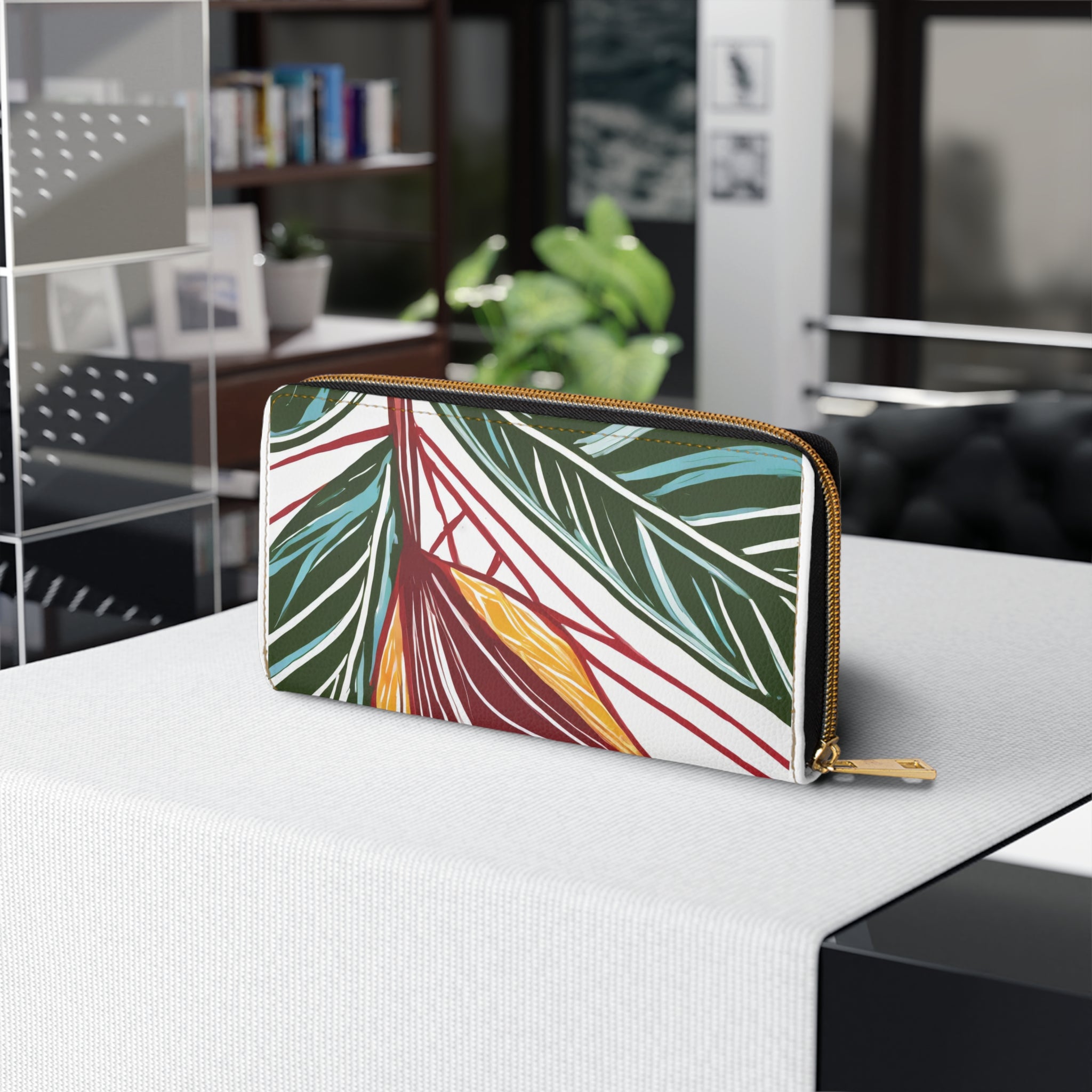 Stylish Zipper Wallet featuring Floral Line Art Print, showcasing its faux leather material and zipper closure.