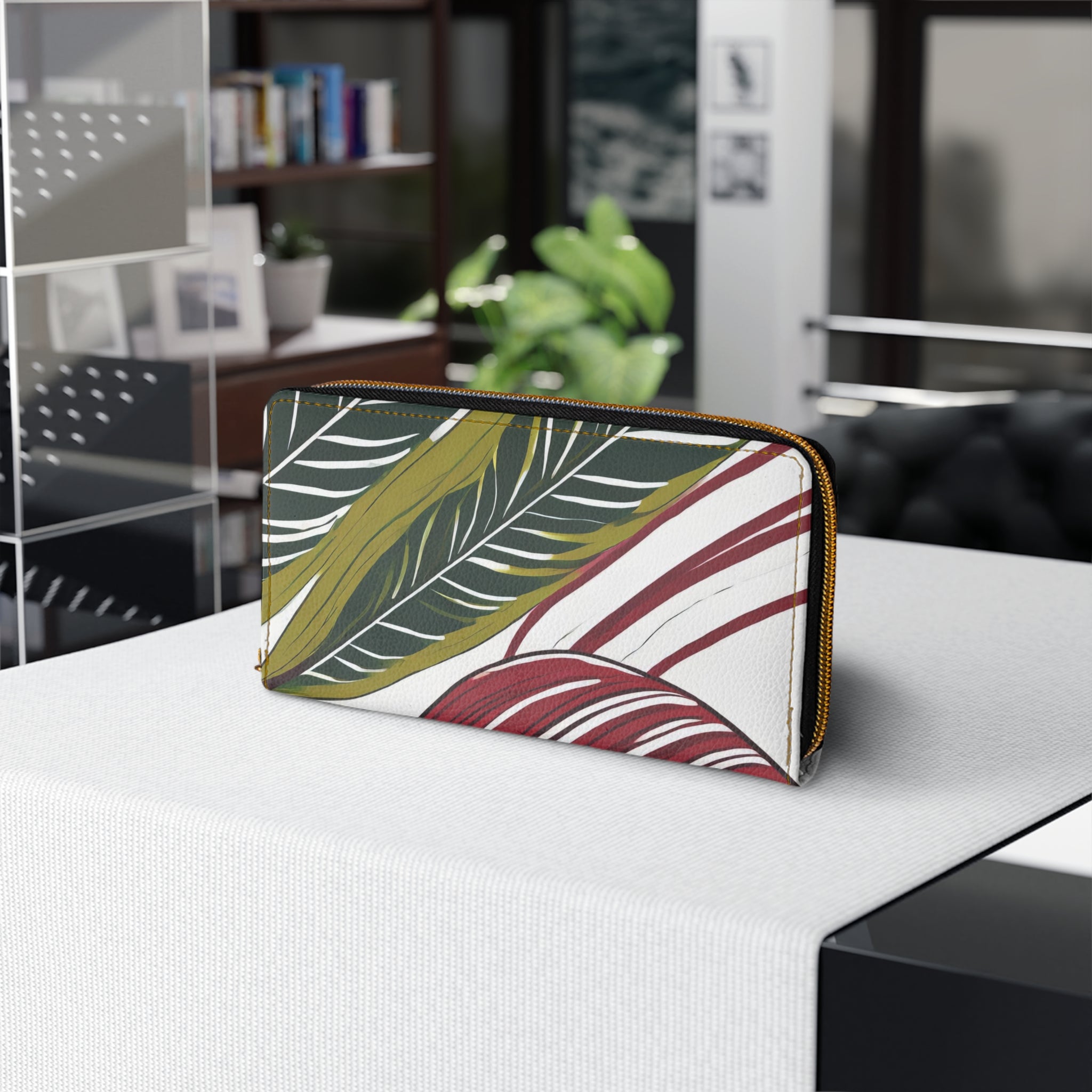 Zipper Wallet featuring Floral Line Art Print, showcasing its elegant design and durable faux leather material.