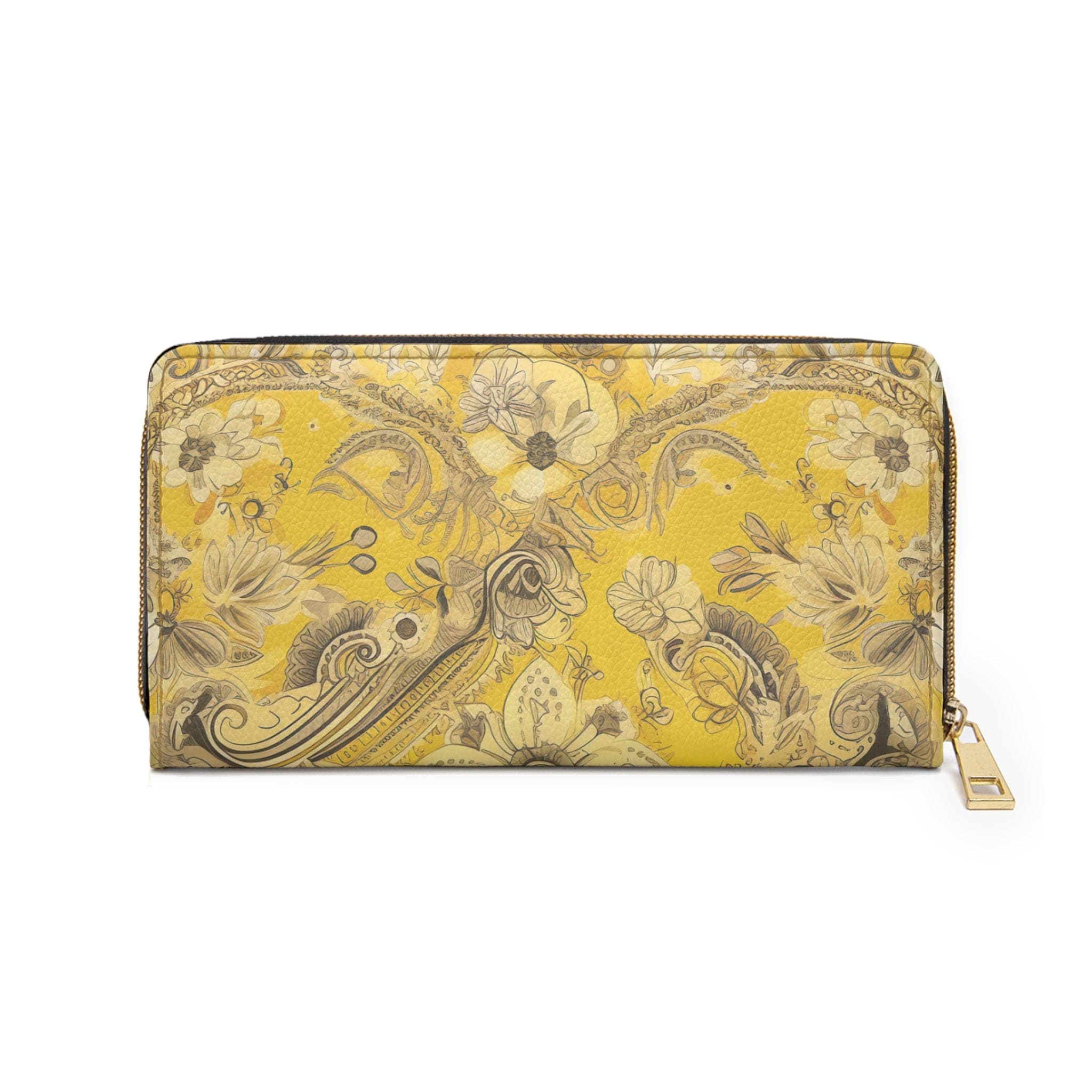 Zipper Wallet featuring a floral yellow bandanna print, showcasing its stylish design and functional compartments.