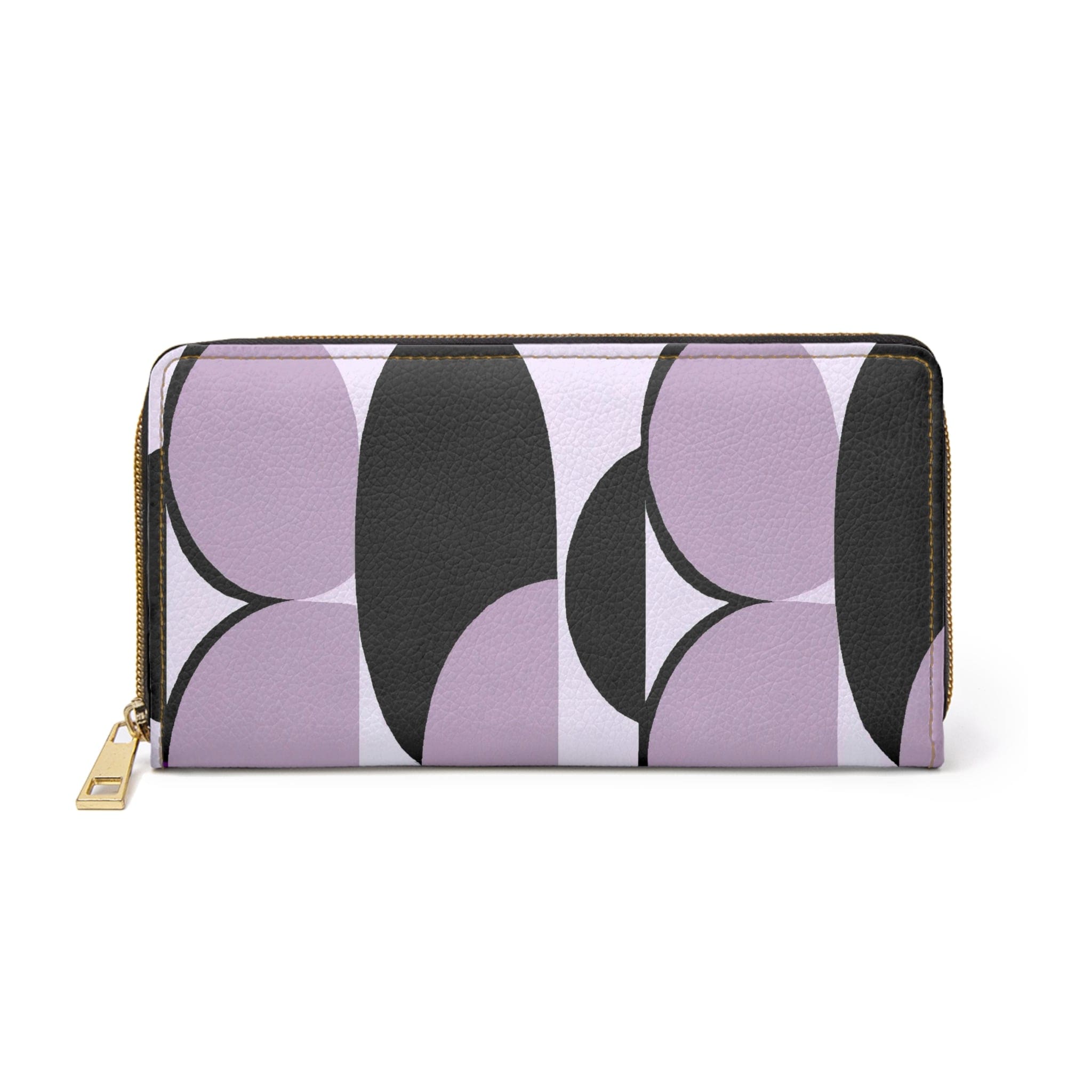 Stylish Zipper Wallet featuring a geometric lavender and black pattern, showcasing its sleek design and functional compartments.