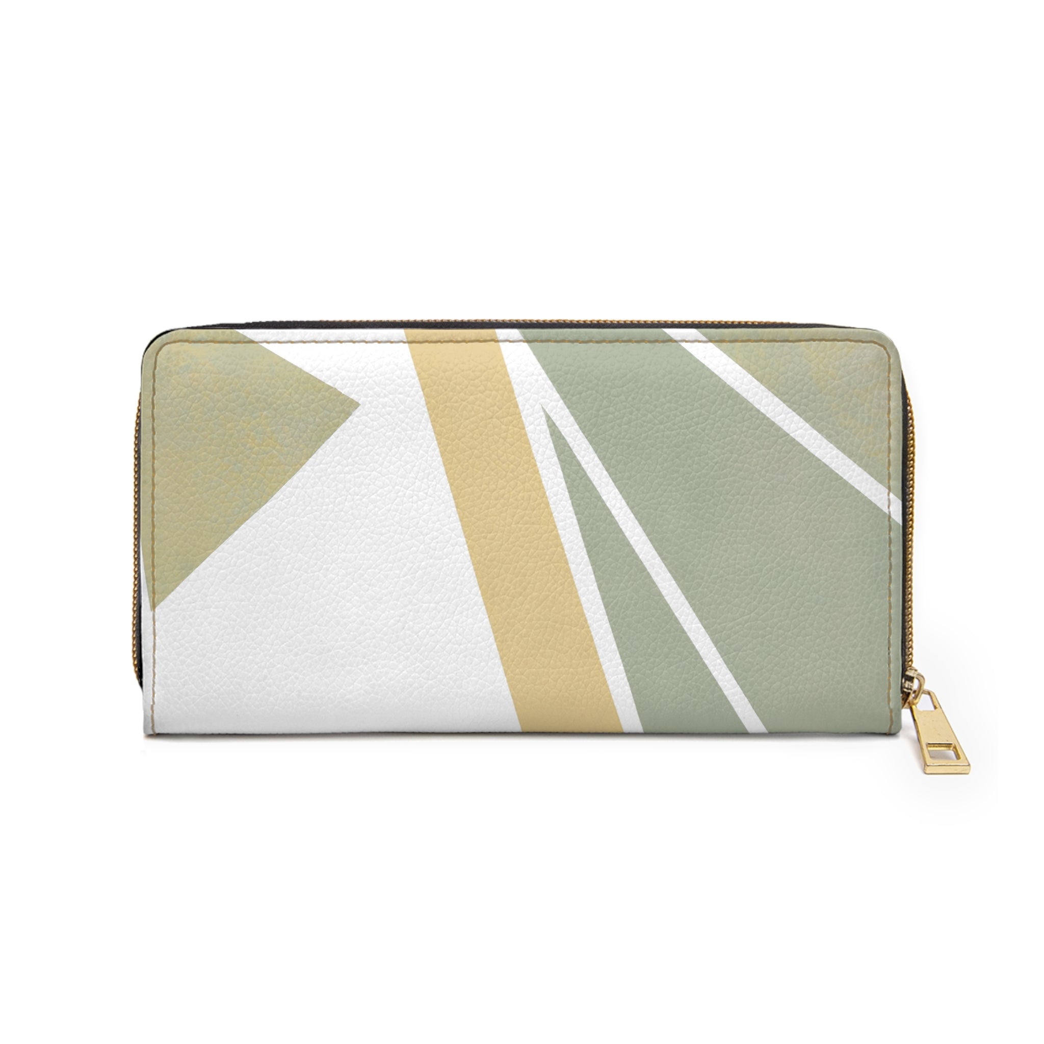 Stylish green abstract geometric pattern zipper wallet with multiple compartments and a durable zipper.