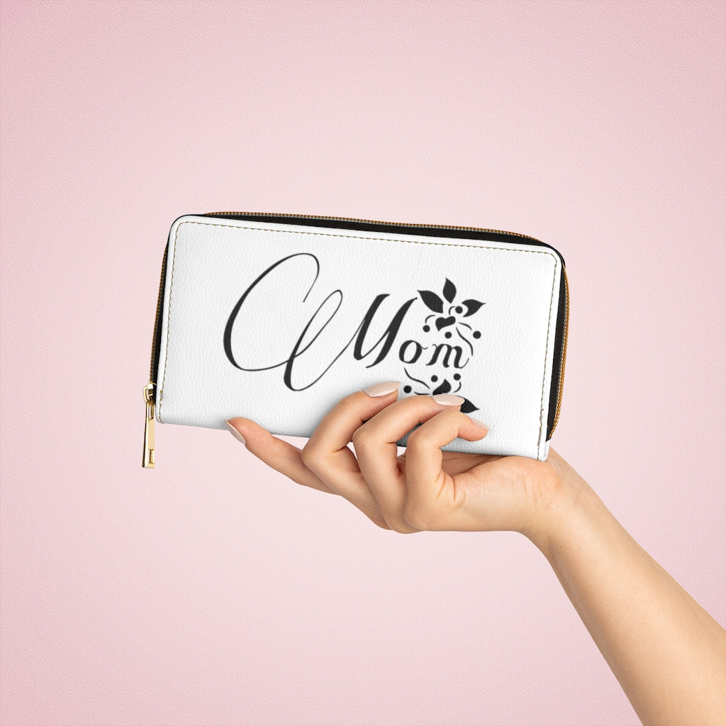 Stylish white zipper wallet featuring a mom graphic, made from cruelty-free faux leather with gold stitching.