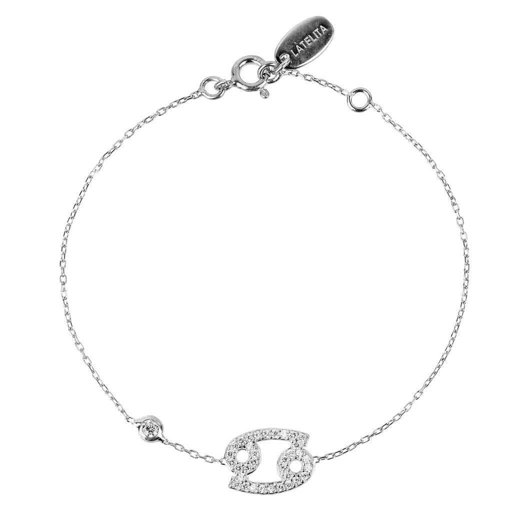 Zodiac Horoscope Star Sign Bracelet for Cancer made of 925 sterling silver with white zircons, adjustable size, and available in gold finishes.