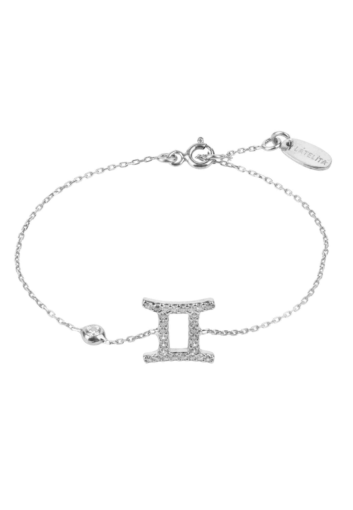 Zodiac Horoscope Star Sign Bracelet for Geminis made of 925 sterling silver with white zircons, adjustable size, and available in gold finishes.