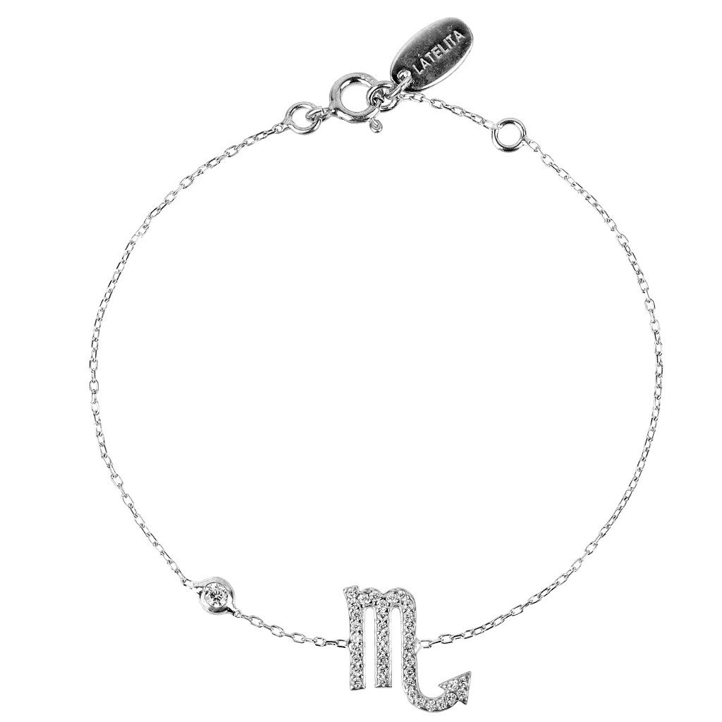 Zodiac Horoscope Star Sign Bracelet Scorpio made of 925 sterling silver with white zircons, adjustable size, and available in gold and rose gold plating.