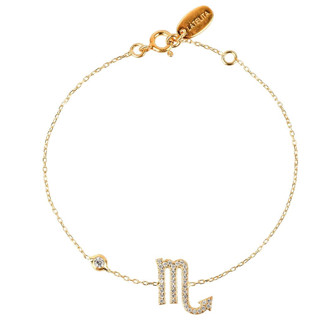 Zodiac Horoscope Star Sign Bracelet Scorpio made of 925 sterling silver with white zircons, adjustable size, and available in gold and rose gold plating.