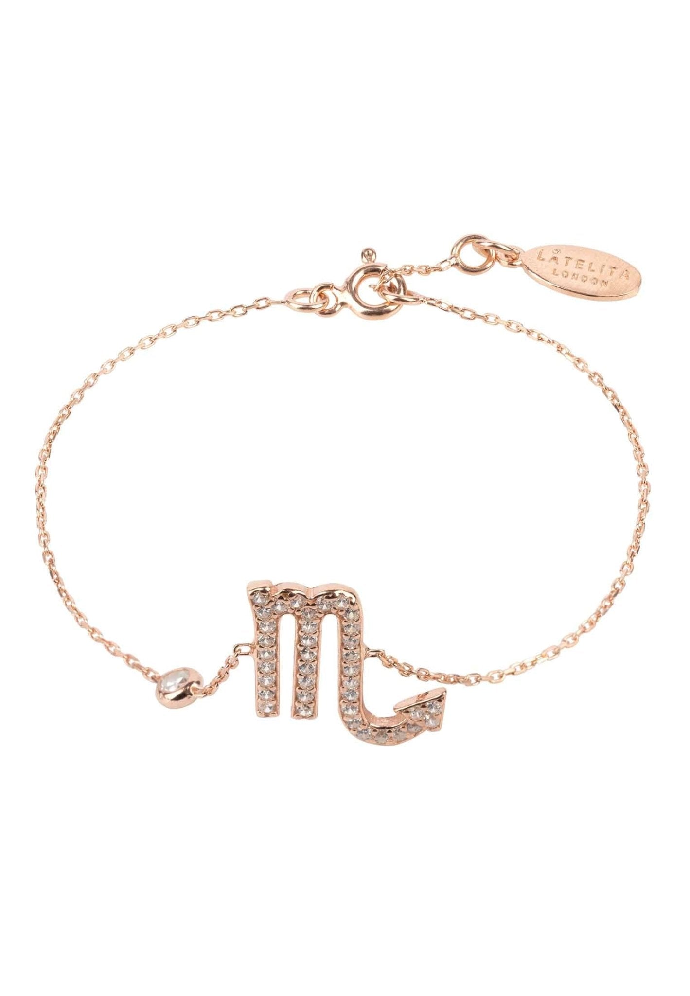 Zodiac Horoscope Star Sign Bracelet Scorpio made of 925 sterling silver with white zircons, adjustable size, and available in gold and rose gold plating.