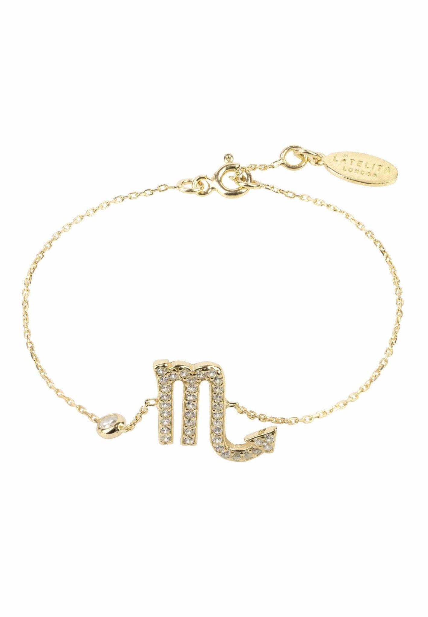 Zodiac Horoscope Star Sign Bracelet Scorpio made of 925 sterling silver with white zircons, adjustable size, and available in gold and rose gold plating.