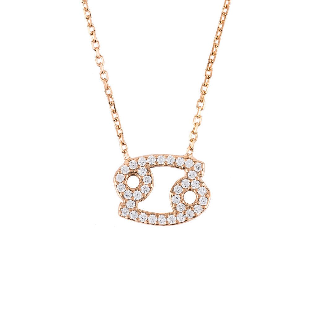 Zodiac Star Sign Pendant Necklace in rose gold for Cancer, featuring multifaceted white zircons and adjustable chain.