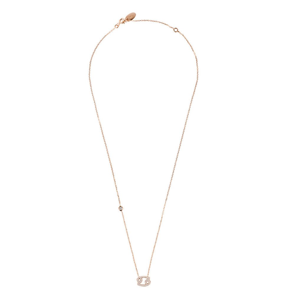 Zodiac Star Sign Pendant Necklace in rose gold for Cancer, featuring multifaceted white zircons and adjustable chain.