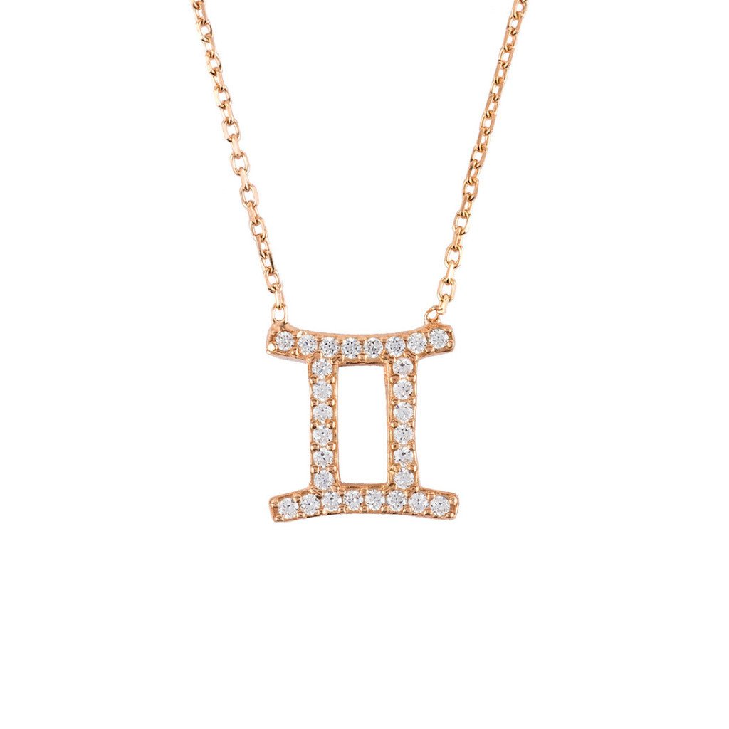 Rose gold Zodiac Star Sign Pendant Necklace for Geminis, featuring multifaceted white zircons and adjustable chain.