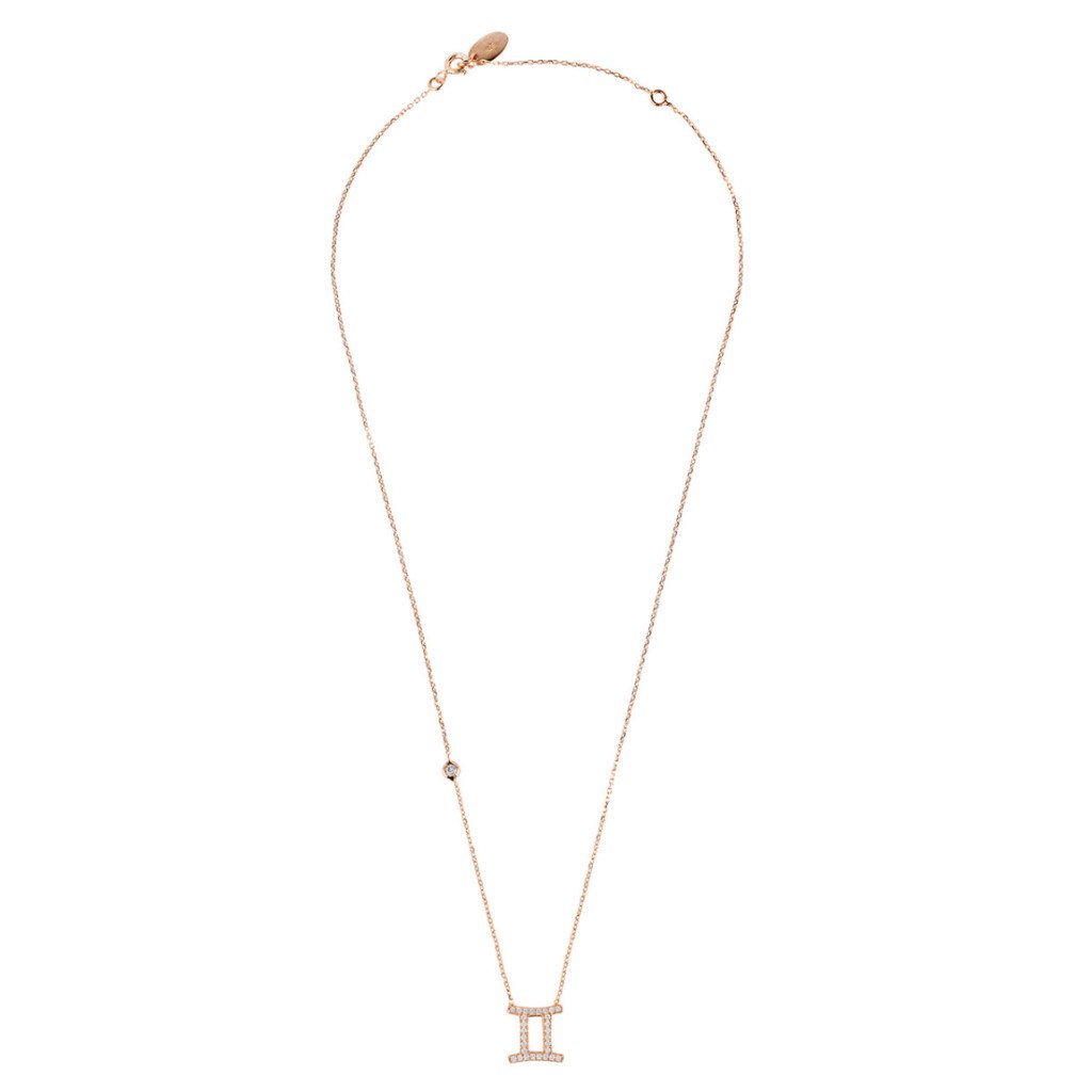 Rose gold Zodiac Star Sign Pendant Necklace for Geminis, featuring multifaceted white zircons and adjustable chain.