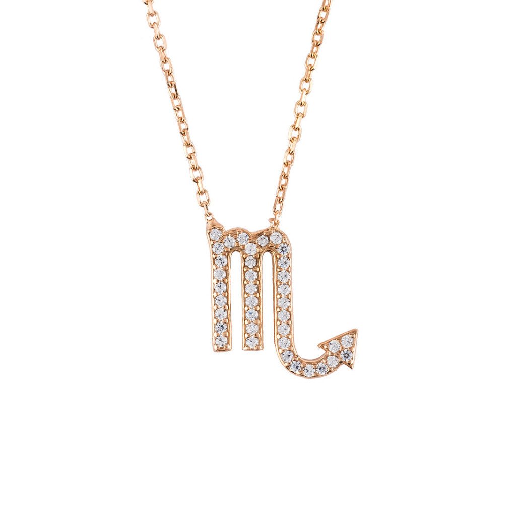 Rose gold Scorpio pendant necklace made of 925 sterling silver with white zircons, featuring an adjustable chain.