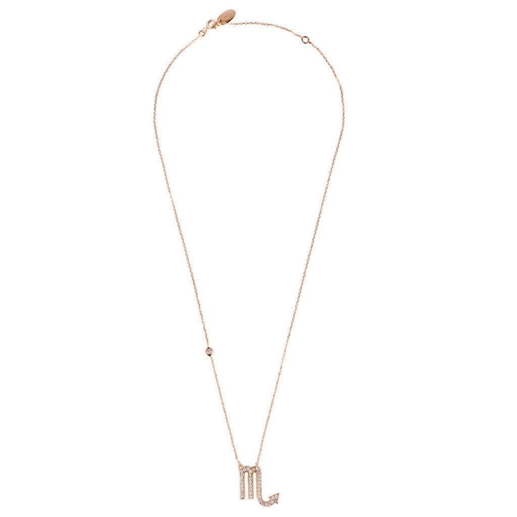 Rose gold Scorpio pendant necklace made of 925 sterling silver with white zircons, featuring an adjustable chain.