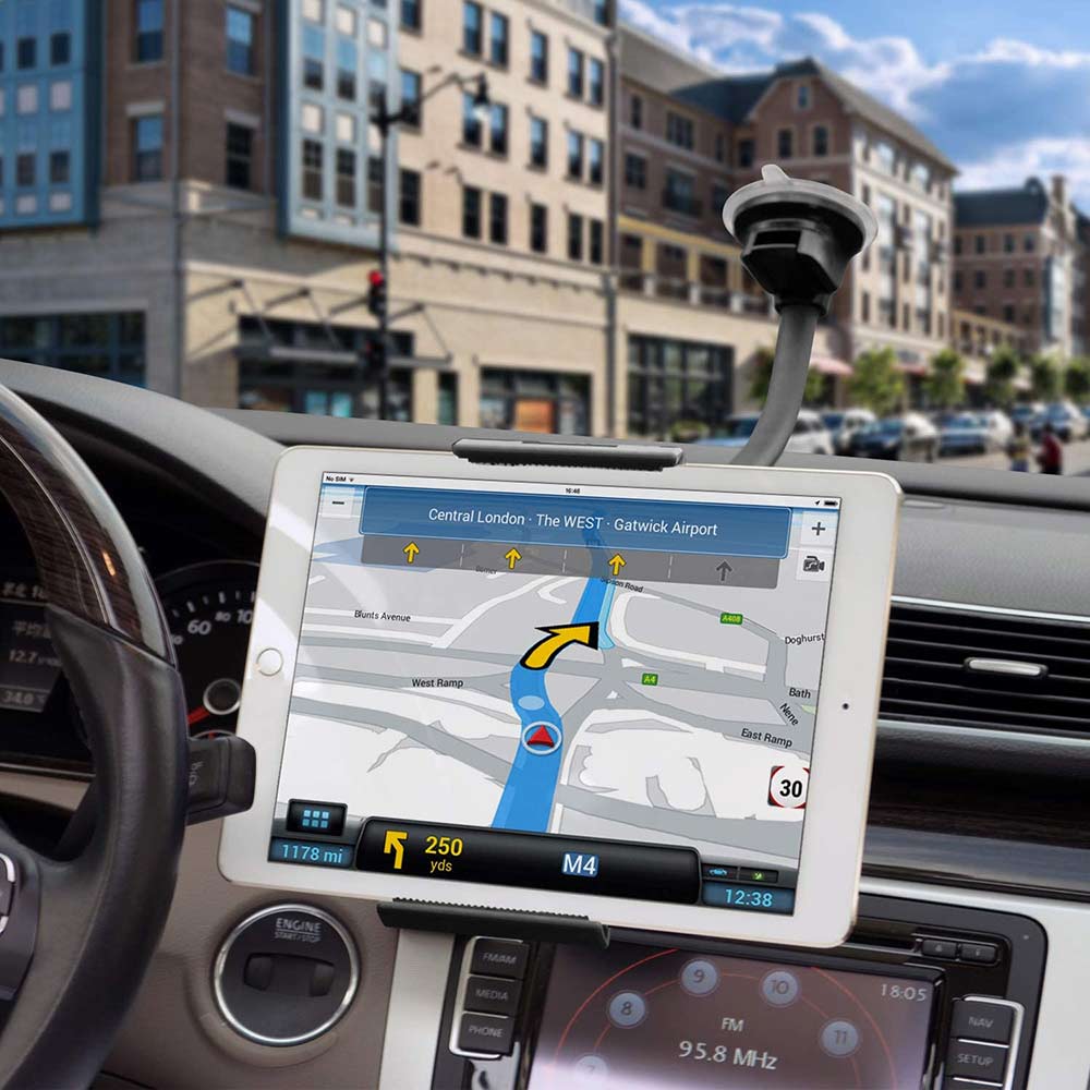 A 13-inch arm suction cup car mount designed for iPads and tablets, showcasing its strong suction cup and flexible arm for secure mounting.