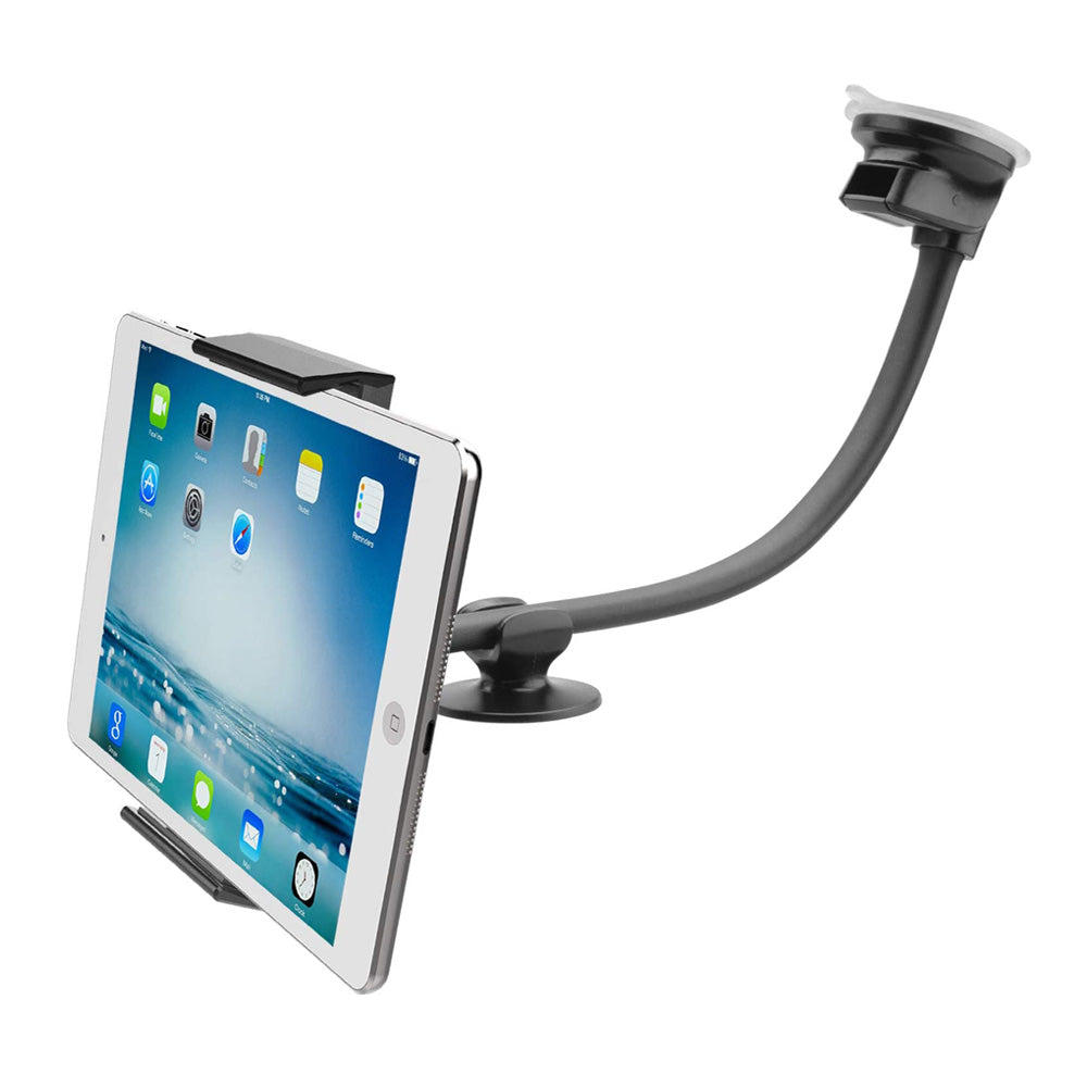 A 13-inch arm suction cup car mount designed for iPads and tablets, showcasing its strong suction cup and flexible arm for secure mounting.