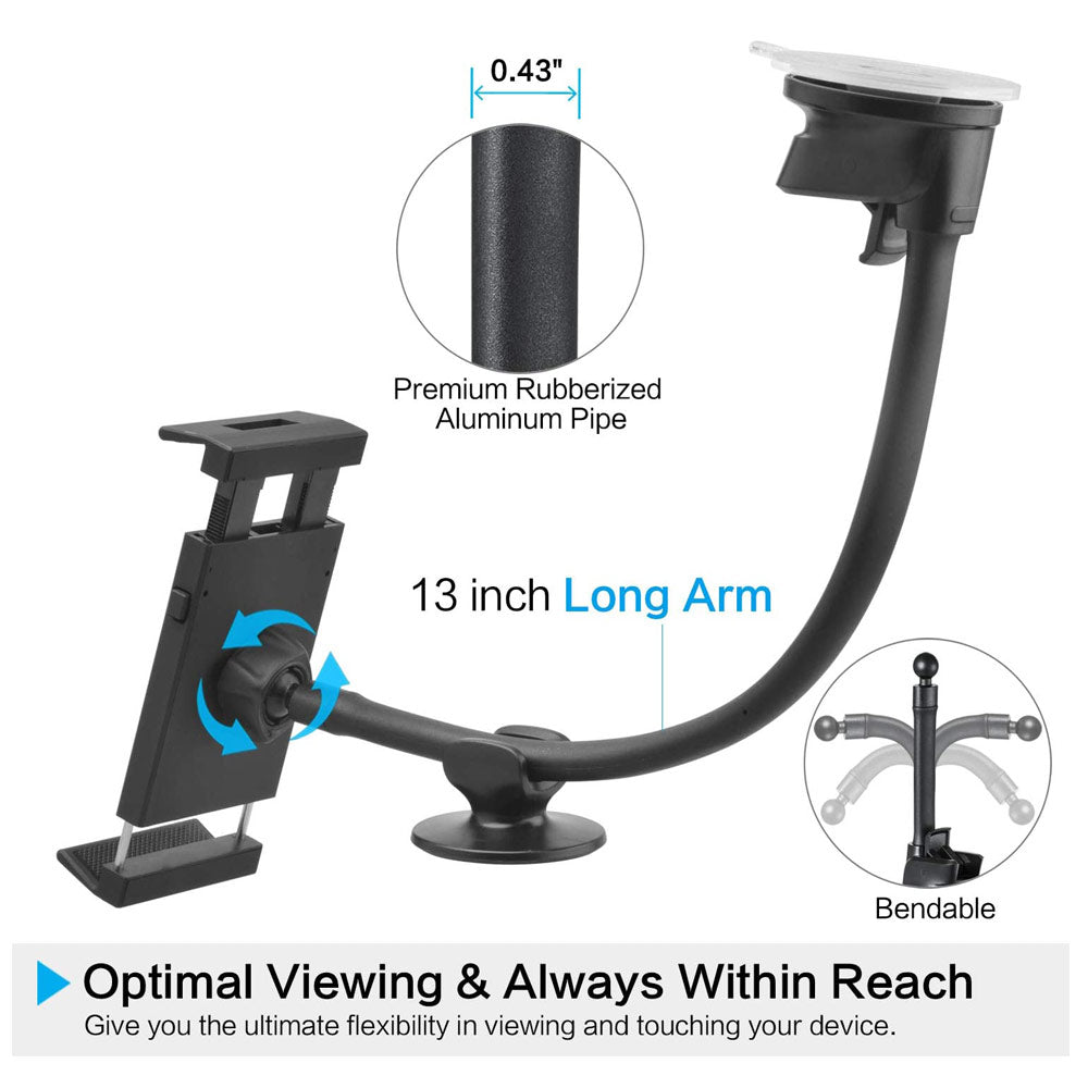 A 13-inch arm suction cup car mount designed for iPads and tablets, showcasing its strong suction cup and flexible arm for secure mounting.