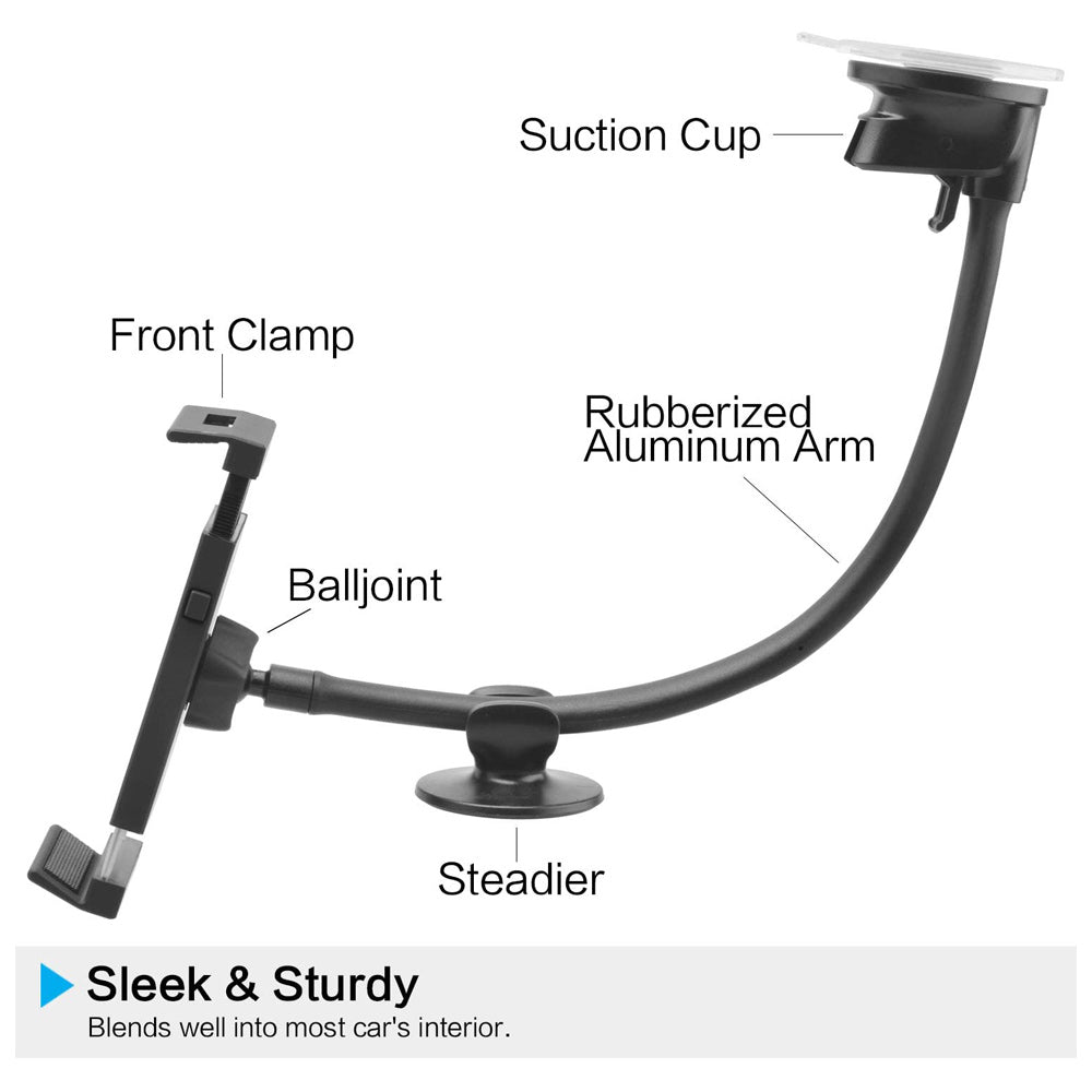 A 13-inch arm suction cup car mount designed for iPads and tablets, showcasing its strong suction cup and flexible arm for secure mounting.