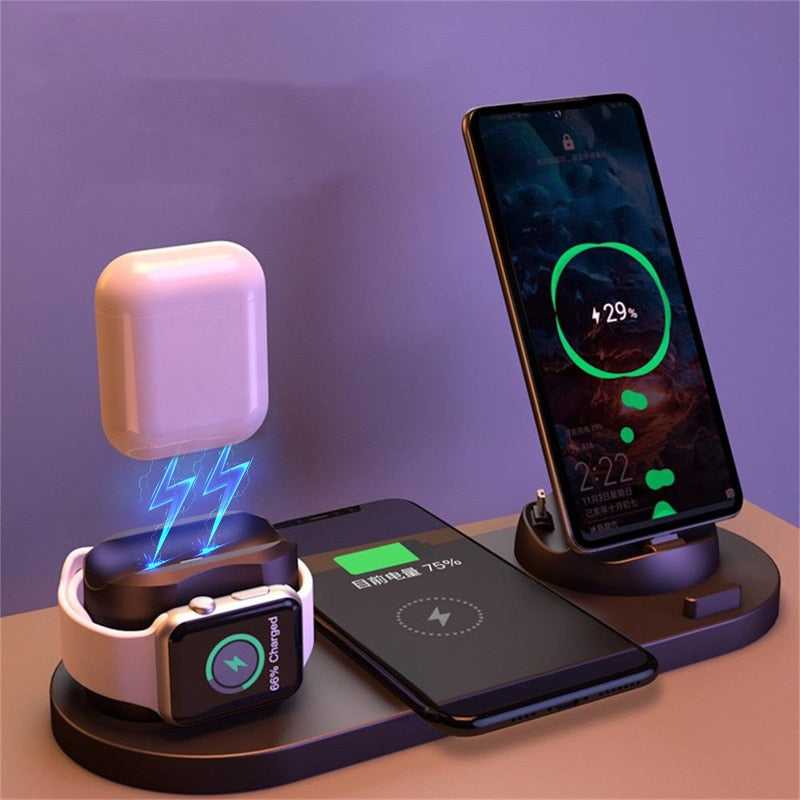 6 in 1 Wireless Charger Dock Station in black, white, and pink, designed for iPhone, Android, and Type-C USB devices.