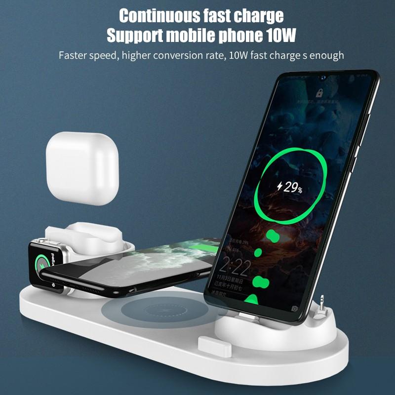 6 in 1 Wireless Charger Dock Station in black, white, and pink, designed for iPhone, Android, and Type-C USB devices.