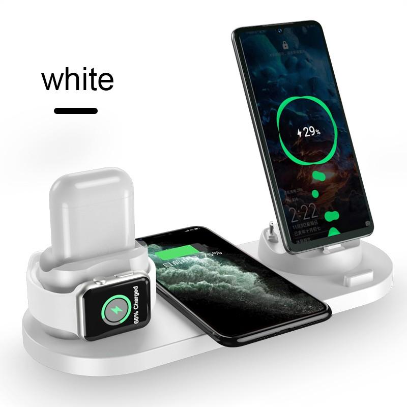 6 in 1 Wireless Charger Dock Station in black, white, and pink, designed for iPhone, Android, and Type-C USB devices.