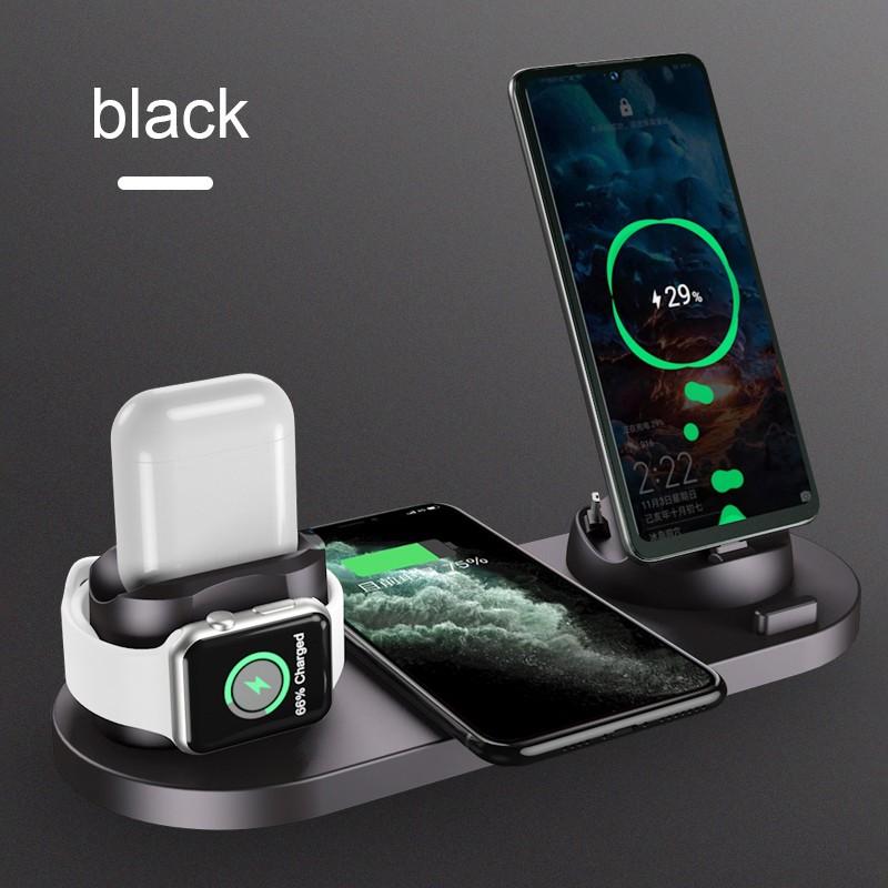 6 in 1 Wireless Charger Dock Station in black, white, and pink, designed for iPhone, Android, and Type-C USB devices.