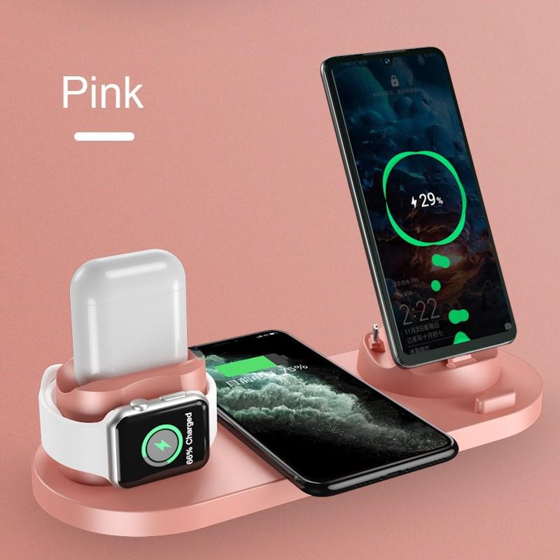 6 in 1 Wireless Charger Dock Station in black, white, and pink, designed for iPhone, Android, and Type-C USB devices.