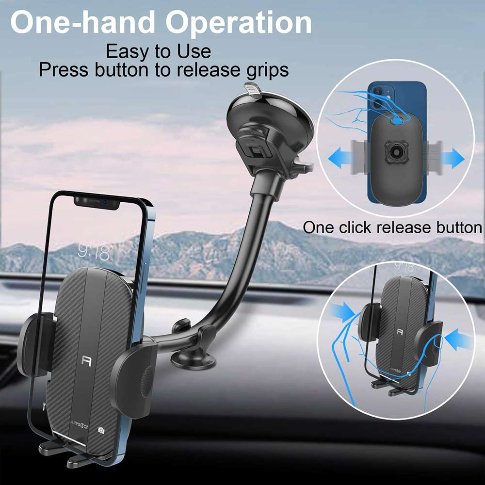 8-Inch Gooseneck Cradle Car Phone Holder with adjustable arm and strong suction cup, designed for stability and compatibility with various smartphones.