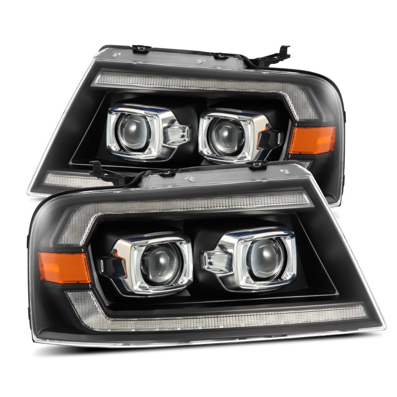 AlphaRex PRO-Series Projector Headlights for 2004-2008 Ford F150 in Alpha-Black finish, showcasing sleek design and advanced projector technology.