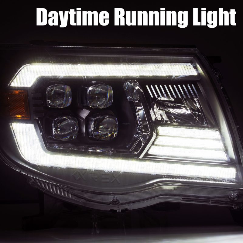 AlphaRex NOVA LED Projector Headlights for 2005-2011 Toyota Tacoma, featuring Ice Cube 3D projector technology and Osram LED chips.