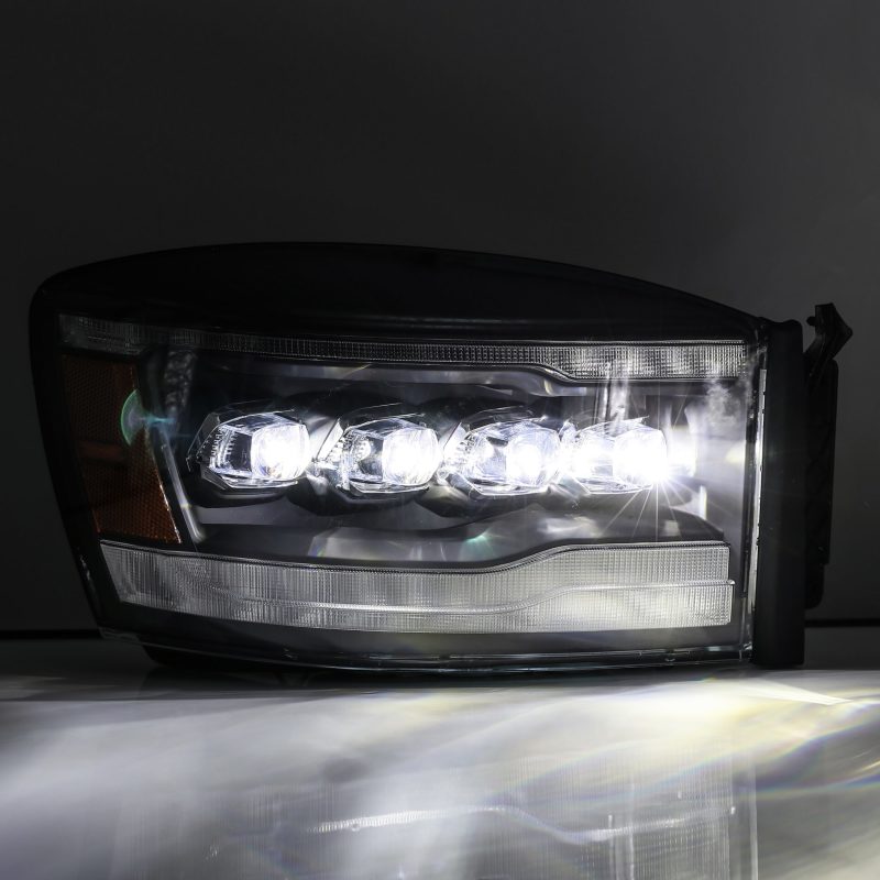 AlphaRex NOVA LED projector headlights for 06-08 Ram 1500HD, featuring Ice Cube 3D projector and Osram LED technology.