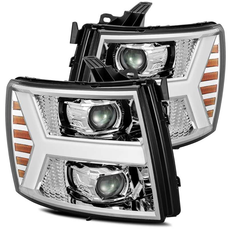 AlphaRex LUXX LED Projector Headlights for 07-13 Chevy 1500, featuring a sleek plank design and chrome finish.