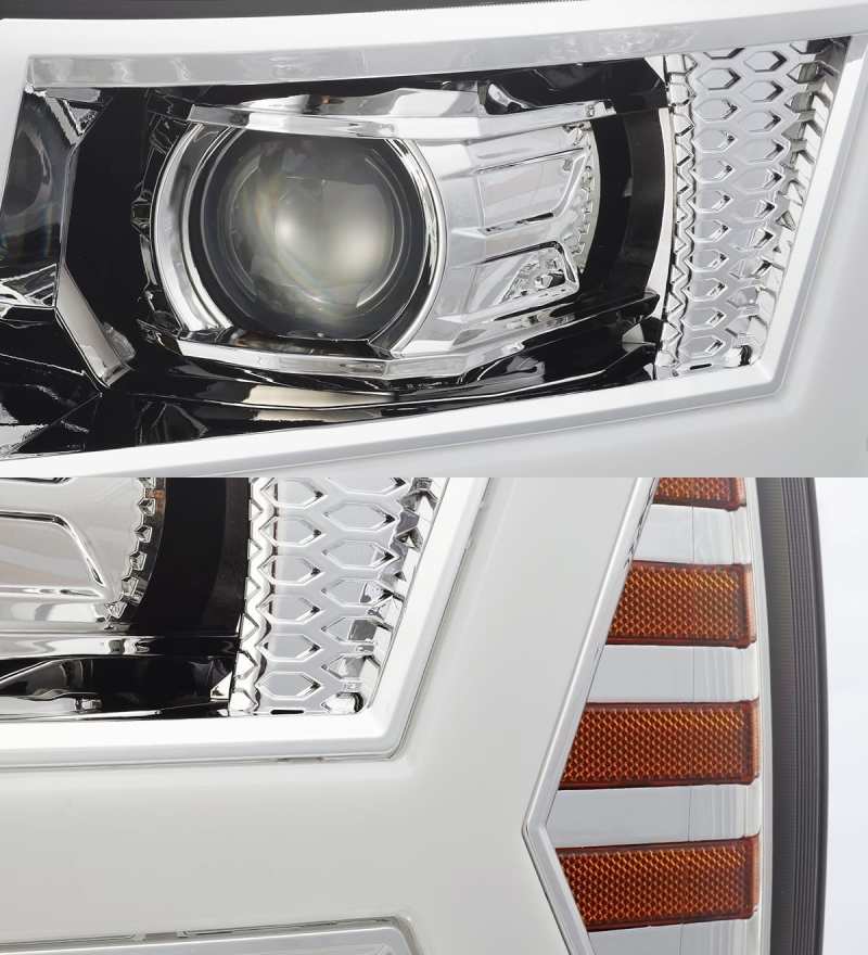 AlphaRex LUXX LED Projector Headlights for 07-13 Chevy 1500, featuring a sleek plank design and chrome finish.